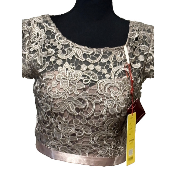 New Lace Chiffon satin A-Line Mocha Formal dress Mother of bride Prom Gala sz M - Picture 4 of 16